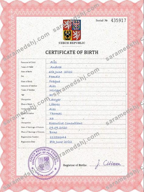 Czechia vital record birth certificate PSD template